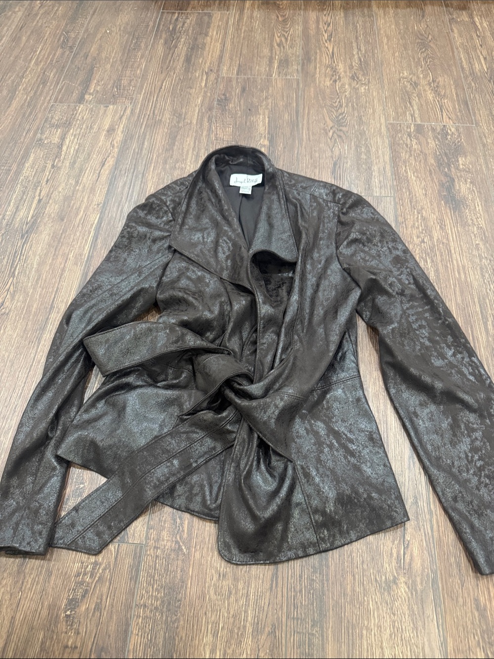 Joseph Ribkoff Shimmery Black Faux-Leather Tie-Waist Jacket